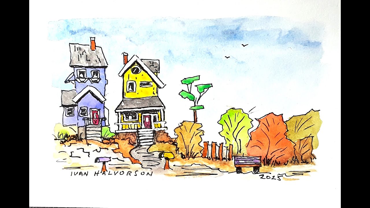 Easy Line and Wash Watercolor Landscape Painting. Small urban line and ...