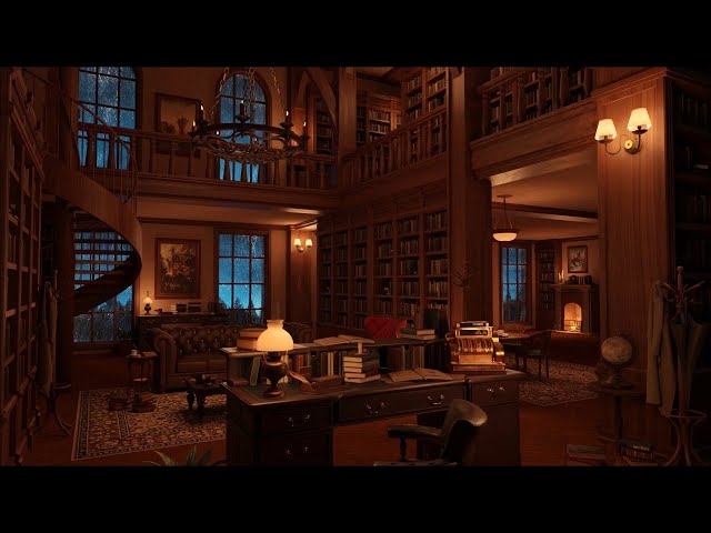 Cozy Library Room - Thunder & Rain Sounds, Crackling Fireplace | 10 Hours class=