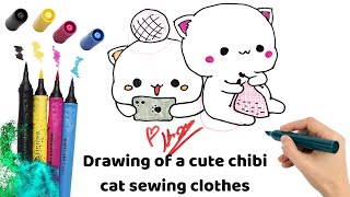 Drawing of a cute chibi cat sewing clothes #drawing #chibi #cat