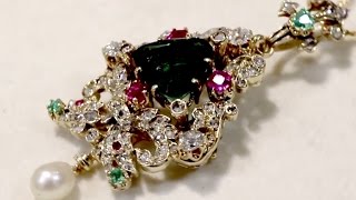 Tourmaline, Diamond and Multi-Gem, 18 ct Yellow Gold Pendant/Brooch - Antique Victorian A4364