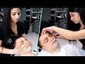 ASMR Head and face massage and premium shaving in Russian barbershop by female barber