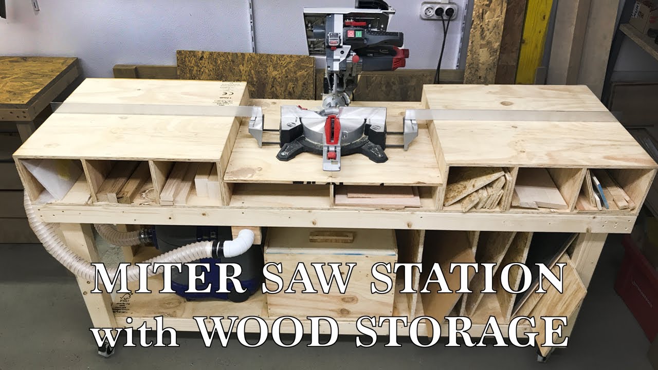 Simple mobile miter saw station with wood storage - YouTube