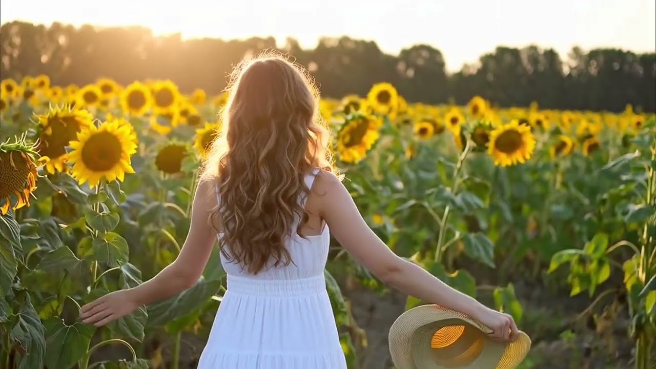 Woman in White Dress Walking Through a Sunflower Field at Sunset #SunflowerDreams #GoldenHourGlow