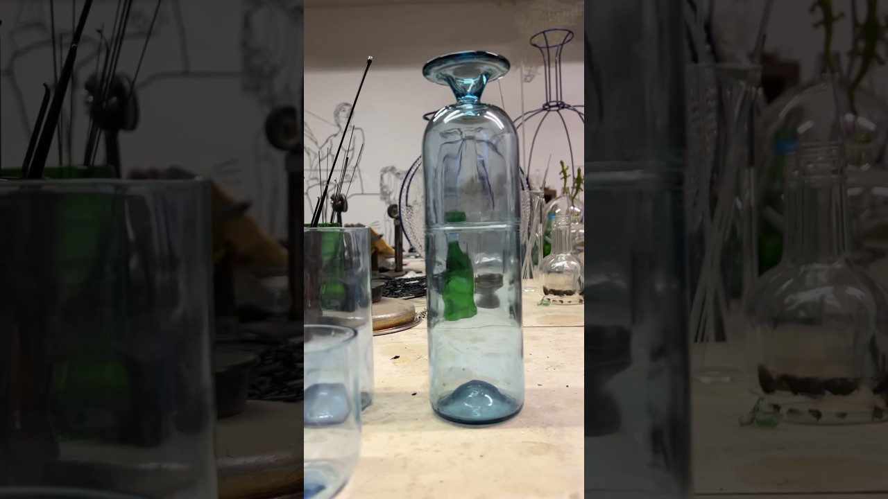 Recycled glass wine bottles. Made into cups and wine glasses 