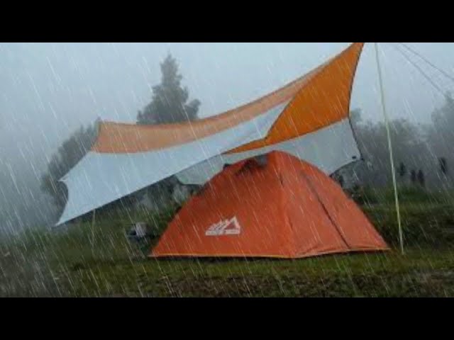 SOLO CAMPING IN HEAVY RAIN, strong rainstorm, soothing rain sound (ASMR) class=
