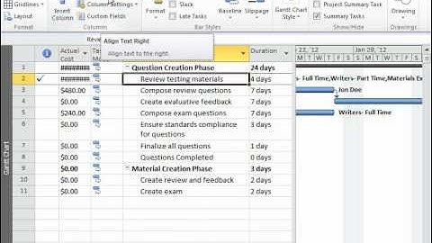Project 2010 Tutorial Formatting Columns in Gantt Charts Microsoft Training Lesson 7.2