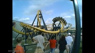 Batman the ride, b&m (bolliger & mabillard) inverted roller coaster at
six flags over texas filmed off ride only by andrew marshall 2003.