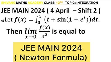Q) Let 𝑓(𝑥)= integral ∫ ( 0 to 𝑥 )  (𝑡+sin(1−𝑒^𝑡 ))𝑑𝑡,𝑥∈ℝ. Then lim(𝑥→0) (𝑓(𝑥))/𝑥^3  is equal to