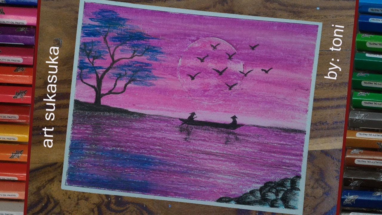 cara menggambar siluet menggunakan crayon gambar sunset 