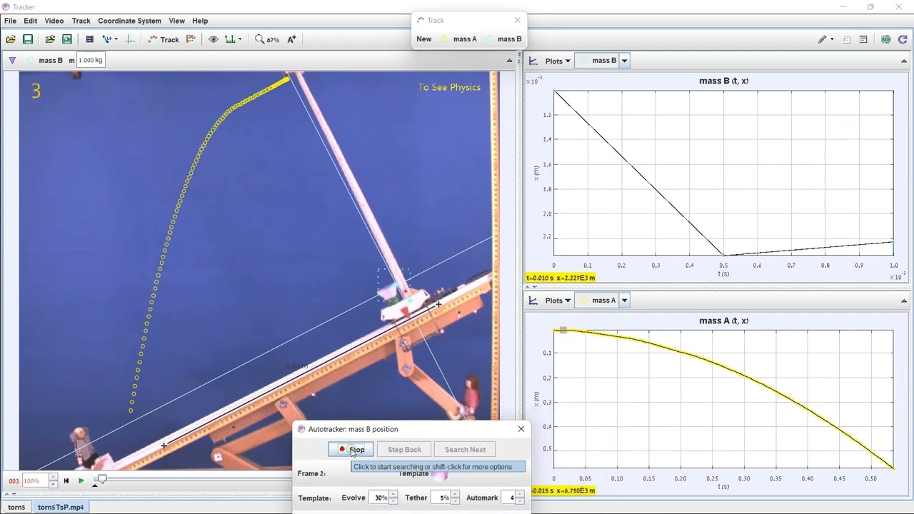 Physics Experiments for Education - Tracker analysis, a ball released from a cart's mast on a slop