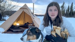 Winter Camping in Hot Tent on Frozen Lake