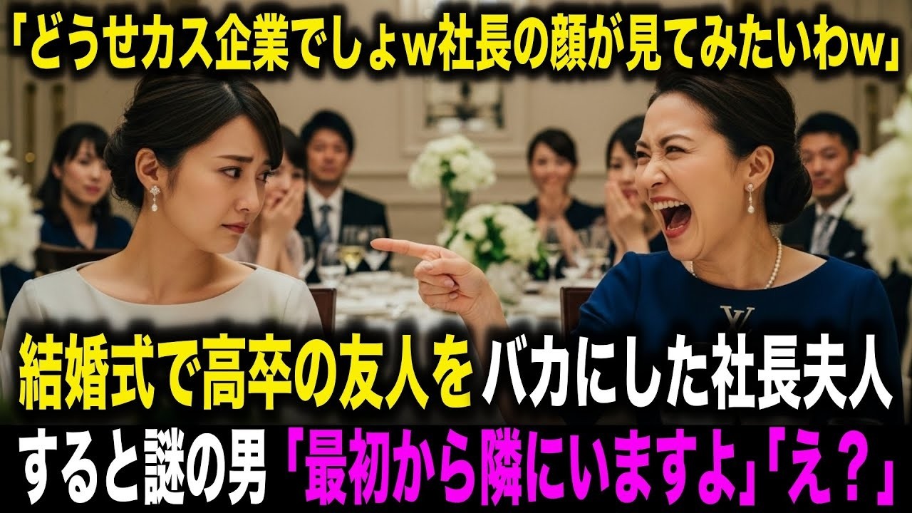 【スカッとする話】「どうせカス企業でしょw社長の顔が見てみたいわw」結婚式で高卒の友人をバカにした社長夫人。すると謎の男「最初から隣にいますよ」社長夫人「え？」