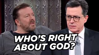 Ricky Gervais and Stephen Colbert debate God, belief and atheism.