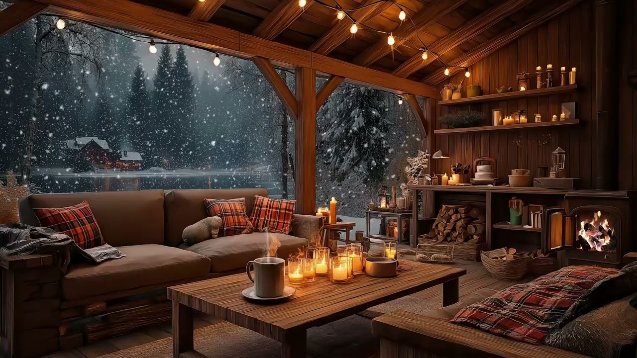 Cozy Winter Coffee Shop Ambience ❄️ Soft Music & Fireplace for Sleep and Study