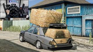 Overloaded W124 With Hay Bales Hard Offroad Mission - Beamng.drive Steering Wheel Gameplay