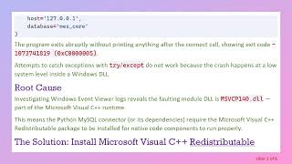 Fixing Python Crash 0xC0000005 on MySQL Connection in Windows 11 by Installing Visual C+ +  Redistr