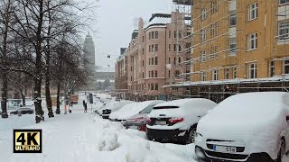 Sunday Morning Walk in Heavy Snowfall from Kallio to City Center (Helsinki, Finland Jan 2021)