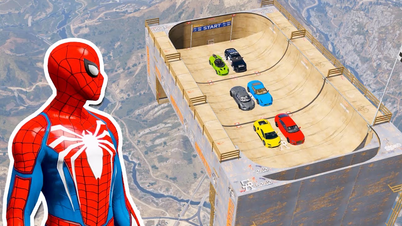 VOITURES sur la Rampe droite avec Spiderman et ses héros! Défi de voiture -  Mods GTA V CARS 