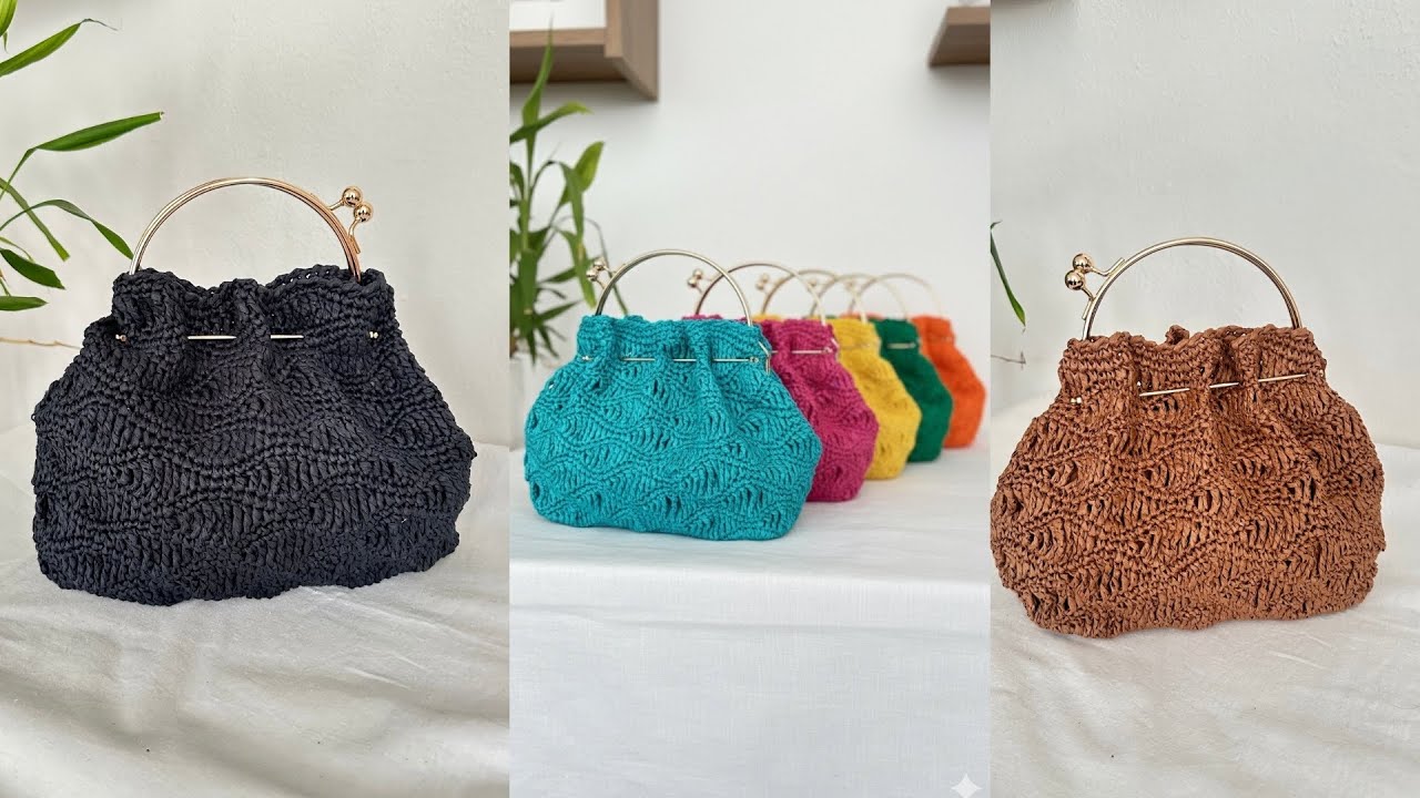 🖤 Siyahın Zarafeti: Rafya İple Örülen Metal Saplı El Örgüsü Çanta yapımı 