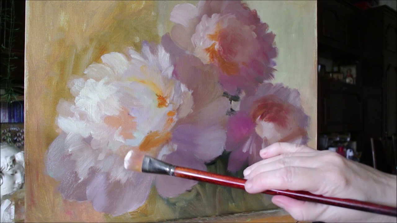 Как рисовать пионы маслом поэтапно на холсте