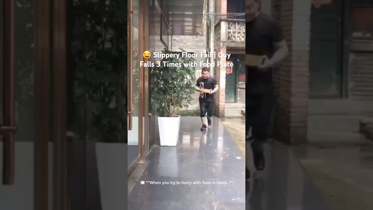 😂 Slippery Floor Fail | Guy Falls 3 Times with Food Plate