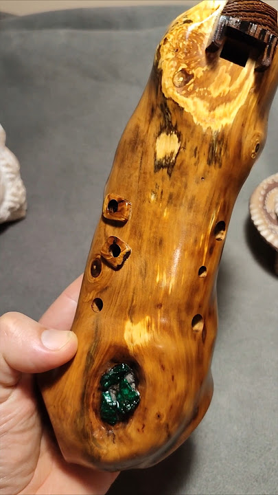 Exclusive meditative #ocarina. Made from apple  branch, malachite inlay. Burnt-out amonite pattern