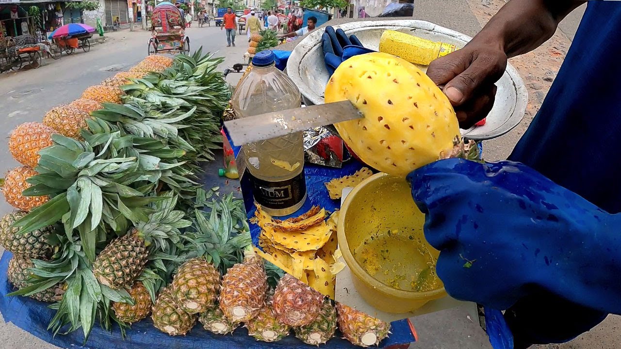 Street King of Masala Pineapple Bengali Tasty Anaros Makha at Mirpur ! Wonderful Cutting Skills