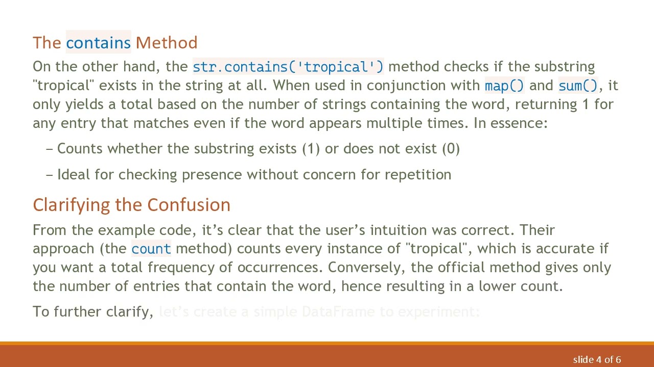 Understanding the Difference Between count and contains in Pandas for Word Frequency Analysis