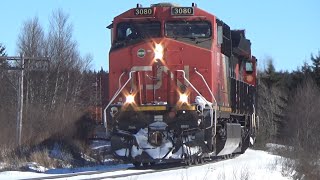 Long Extra Stack Train CN X123 Rolling pass Dorchester, NB at Track Speed