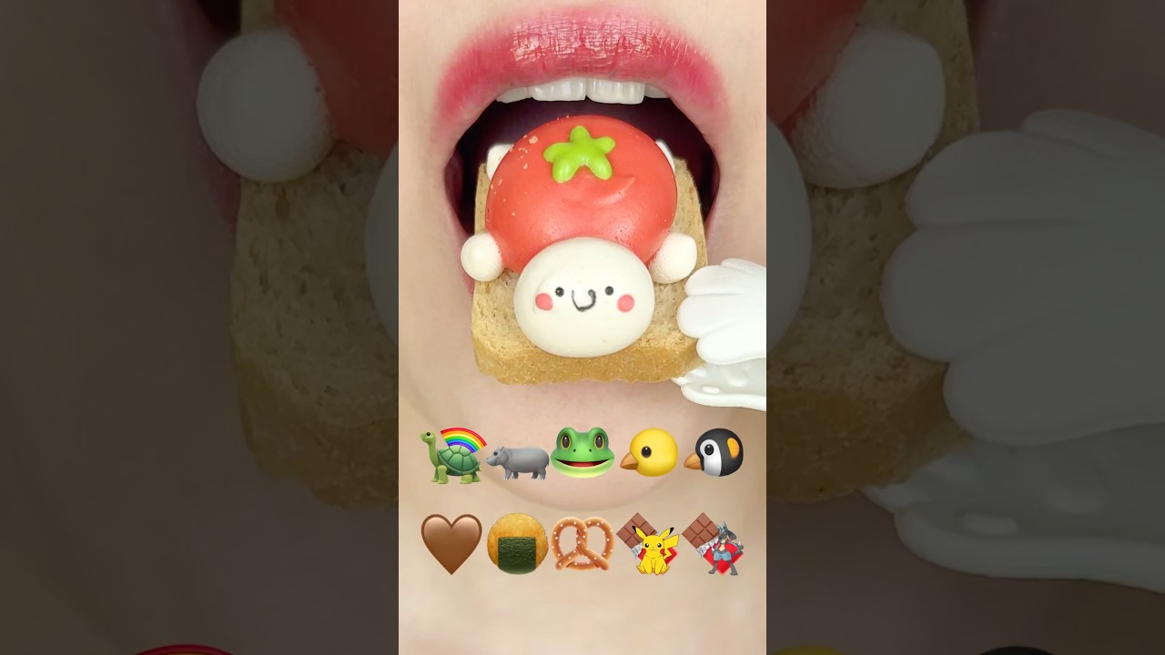 ASMR EMOJI FOOD 🐢🦛🐸🐤🐧🤎🍘🥨🍫🍫 이모지 먹방 (sped up)