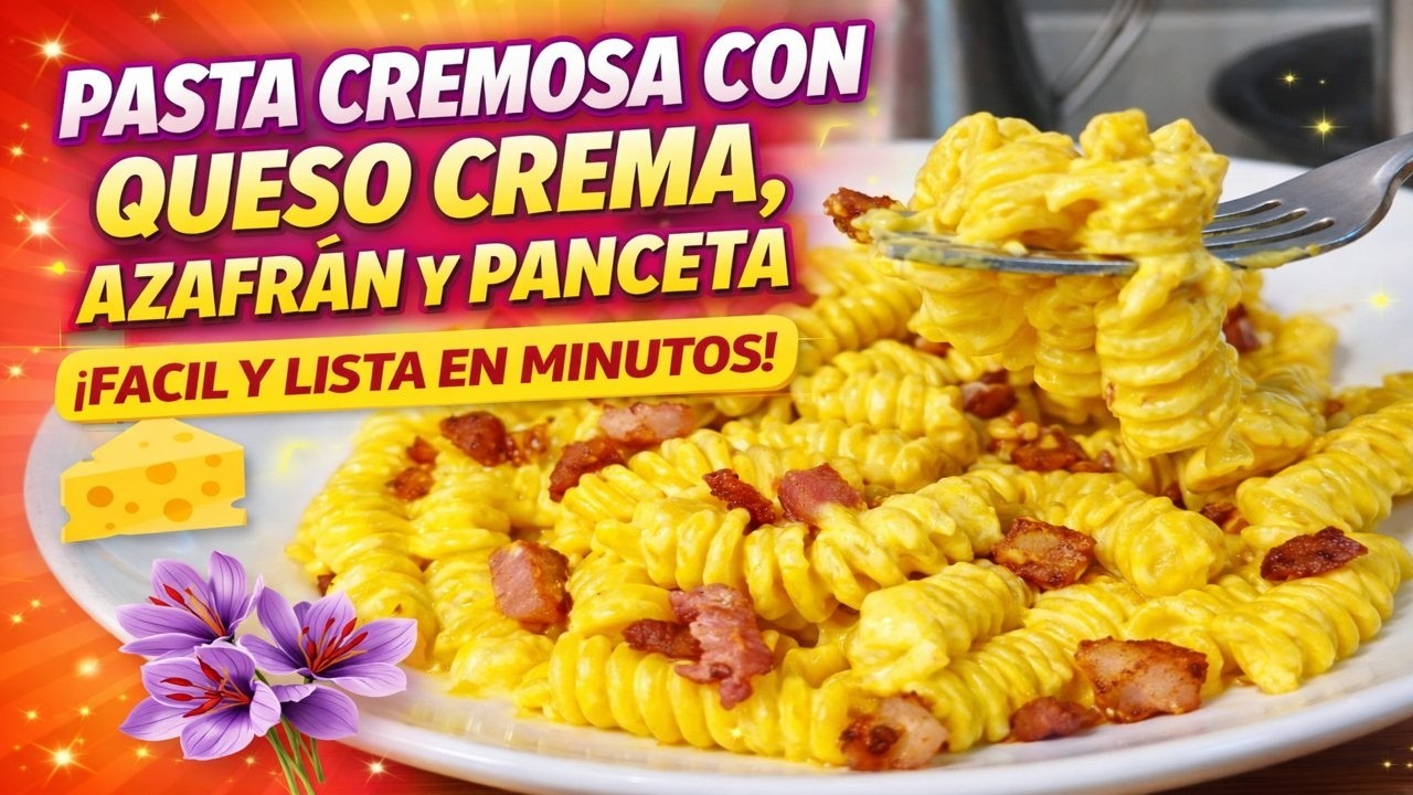 Pasta cremosa con queso crema, azafràn y panceta🤤 | Receta fàcil y ràpida