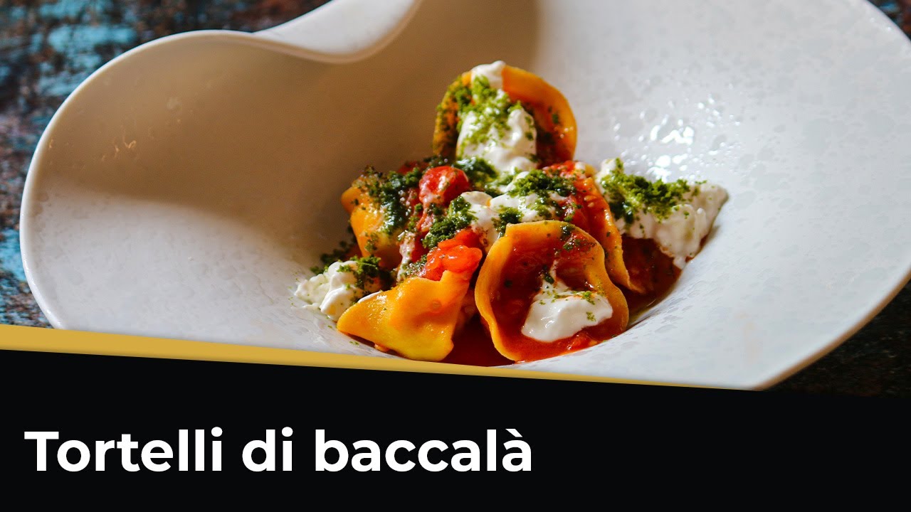 Ricetta dei TORTELLI RIPIENI DI BACCALA' con POMODORINI, BURRATA di bufala e PESTO disidratato