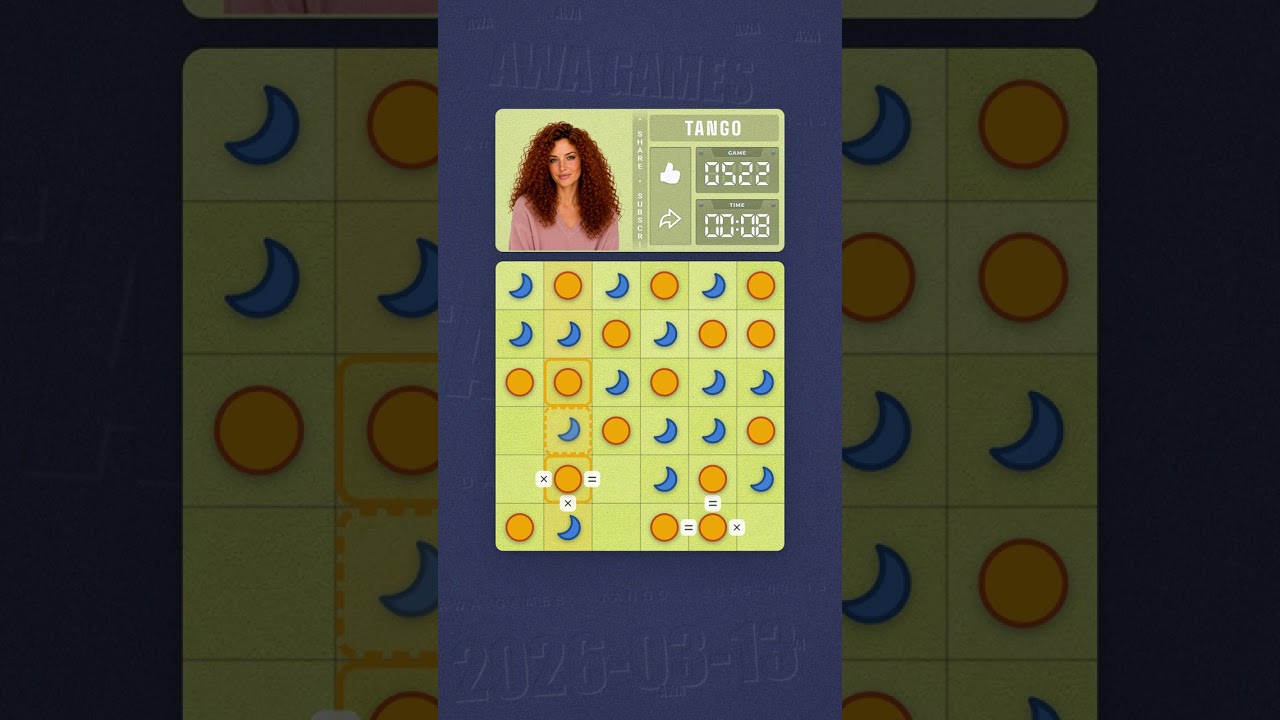 LinkedIn Tango #522 solved board for March 13, 2026, 6x6 grid