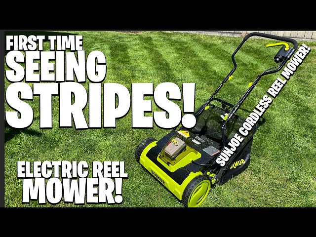 SUNJOE CORDLESS REEL MOWER STRIPES!!! FIRST TIME SEEING REAL STRIPES!!! SO  EXCITED! 