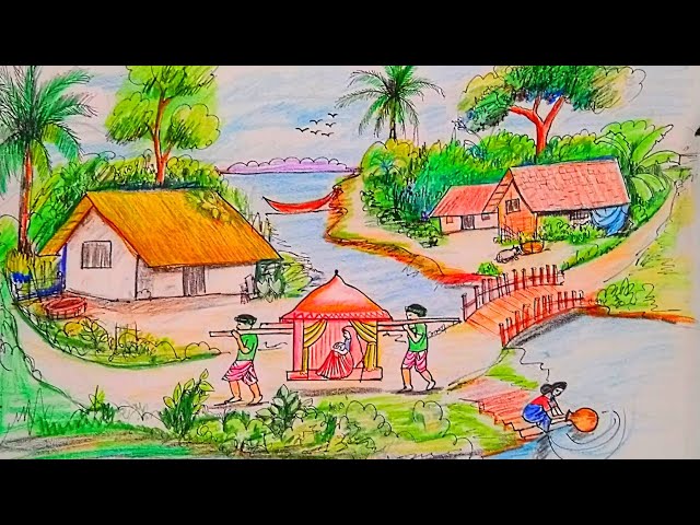 indian rural scenery drawing easy and beautiful step by step for beginners  - YouTube