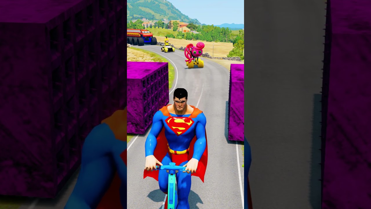 Funny Cars Crossing to Quadruple Bollard Spikec Crush in BeamNG.drive