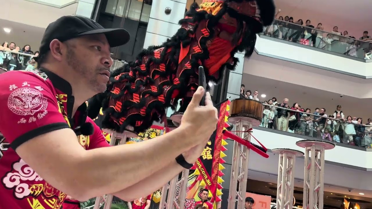 Jin Wu Koon Lion dance high pole performance market city spectacular 