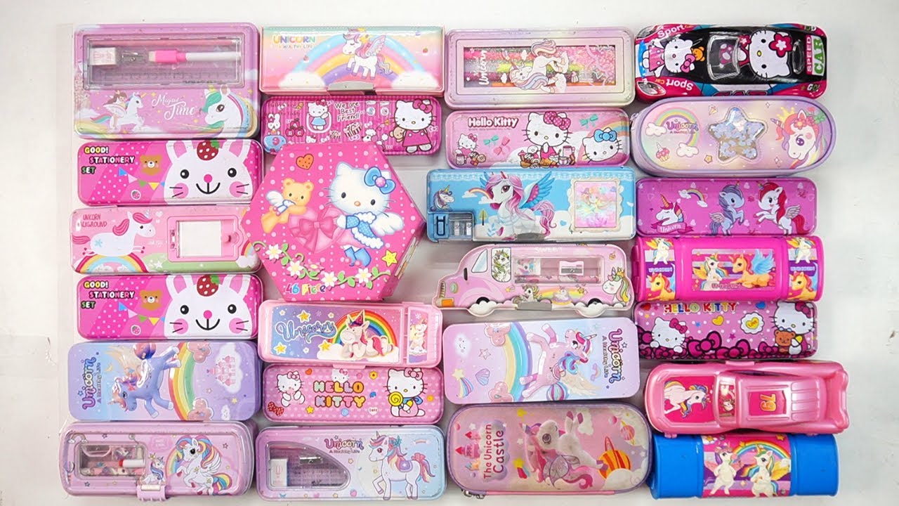 cute unicorn pink stationery collection 😁 geometry,hello kitty,pencil box,sharpener,eraser,pouch