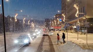 Kiruna City 2025 Winter Time. Night Time Driving In Snow Weather -30C