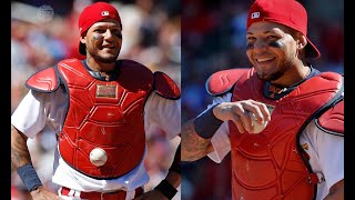 Check out this baseball sticks to Yadier Molina's chest protector... #WhatPineTar