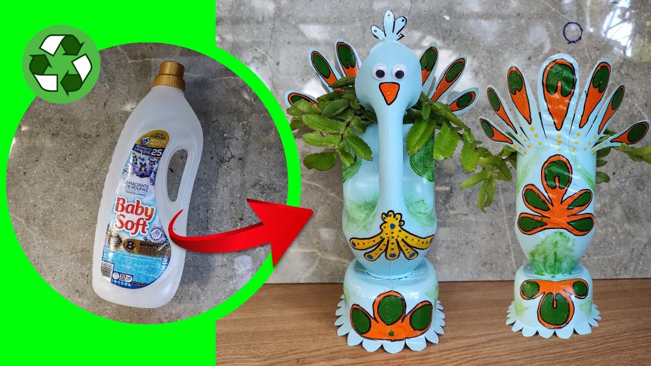 Transformei embalagem de AMACIANTE em um VASO DECORATIVO com forma de PAVÃO! Veja o passo a passo!