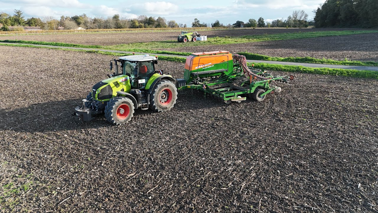 Semis de blé, nouvel ensemble CLAAS Axion 870 & Amazone cirrus 6003-2C
