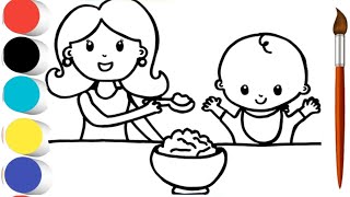 Mom Feeding Her Baby 👩👶🥣🥦🌈 Drawing, Painting and Coloring For Kids and Toddlers ll Drawing for kids