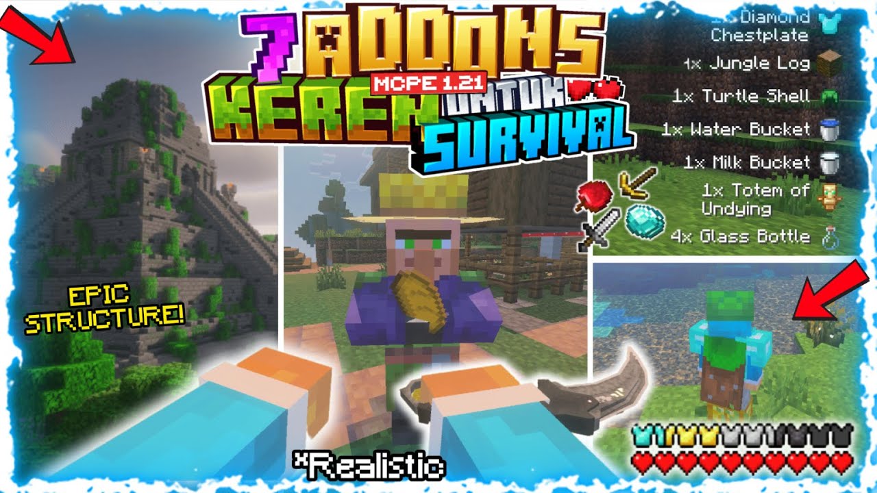BEST‼️ 7 ADDONS KEREN & RINGAN YANG COCOK UNTUK SURVIVAL! (BEDROCK / MCPE) Support 1.21+