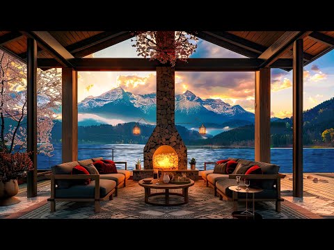 Relaxing Spring Sunset at Cozy Lakeside Ambience - Smooth Jazz Music with Fireplace & Nature Sounds