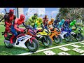 Racing Spiderman Motorcycles with Superheroes - Spike Ball Bridge Obstacle Course