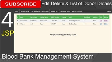 4. Blood Bank Management System in jsp - Edit,Delete & List of Donor Details(Eclipse ,Tomcat, MySQL)