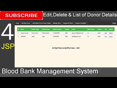 4. Blood Bank Management System in jsp - Edit,Delete & List of Donor Details(Eclipse ,Tomcat, MySQL)