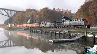 NBD CSX Pig & Stack train reflects off Hudson River passing thru Highland NY 10/ 30/ 22