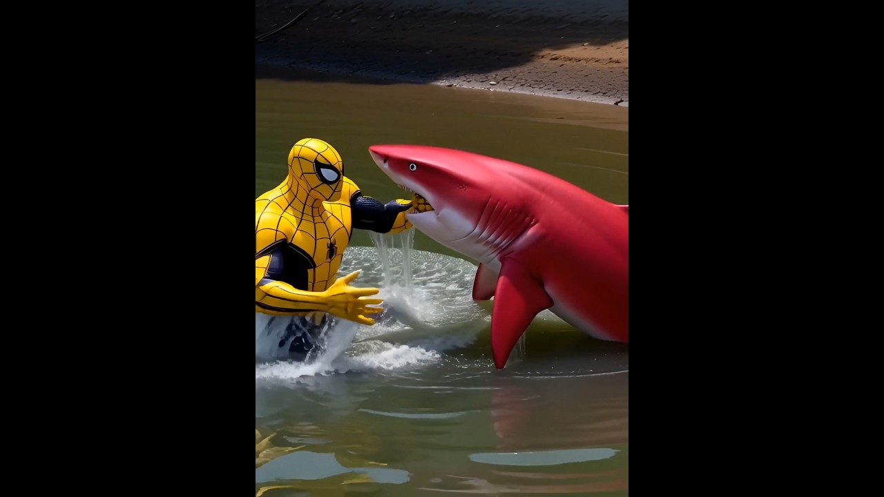 yellow spider man vs red shark fight 
